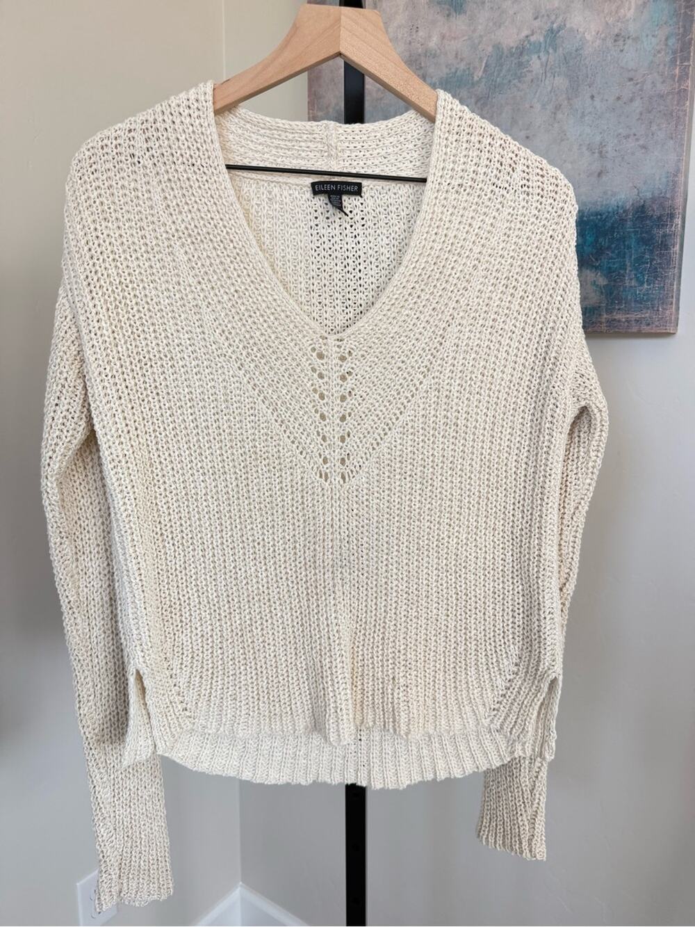 Eileen Fisher Womens XS Cream Organic Cotton Chunky Knit V Neck Sweater Cozy
